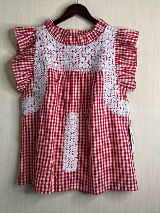 J.Marie Tops - J.Marie Women’s The Andy Ruffle Neck Top Red Gingham Embroidered Lined Medium